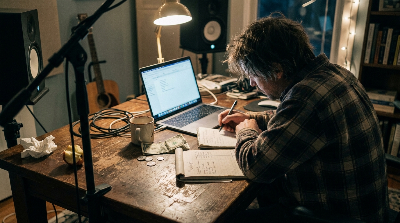 A musician's budgeting desk with cash notes sorted into three labeled envelopes, a notebook with a handwritten promotion plan, a phone showing a streaming dashboard and a calculator under warm lamp light.