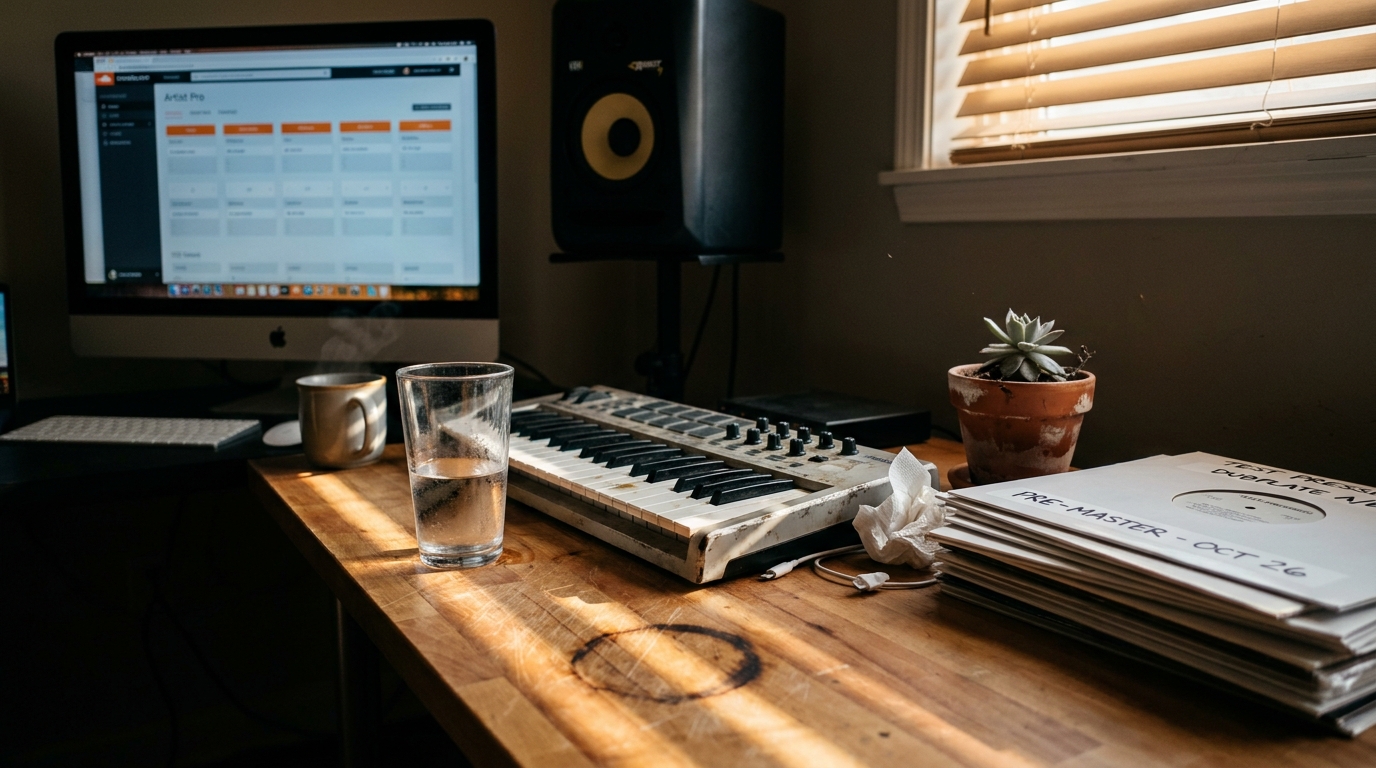 SoundCloud Artist Pro dashboard on a laptop showing royalty payouts at 100 percent next to a stack of streaming platform logos including Spotify, Apple Music, and TikTok.