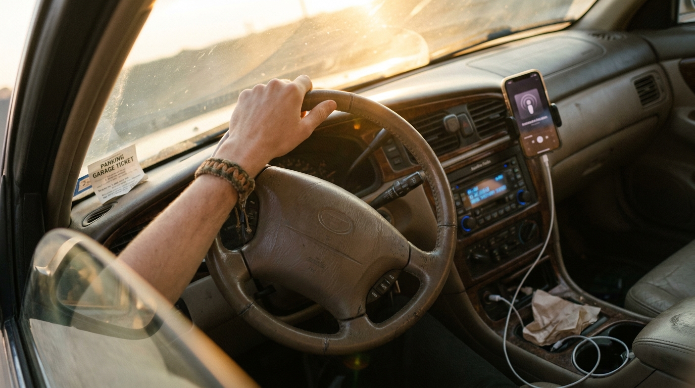 A car dashboard at golden hour shot from the passenger seat: a hand with a woven bracelet on the wheel, a satellite radio head unit glowing blue, a phone in a vent mount playing a radio app, and a parking garage ticket tucked at the windshield edge.