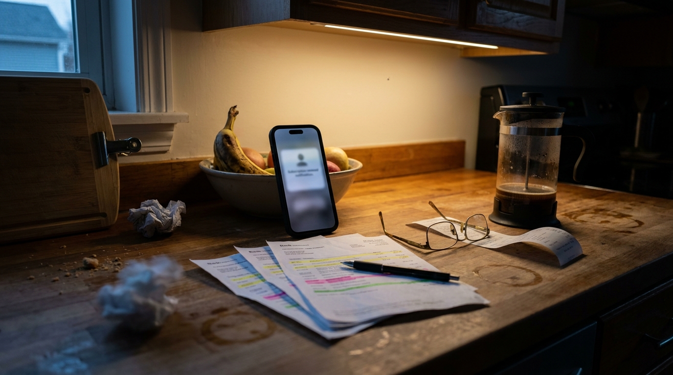 A kitchen counter at dusk: a phone propped against a fruit bowl showing a blurred subscription renewal notice, printed bank statements with subscription lines highlighted in three marker colors, reading glasses, a pen and a French press.