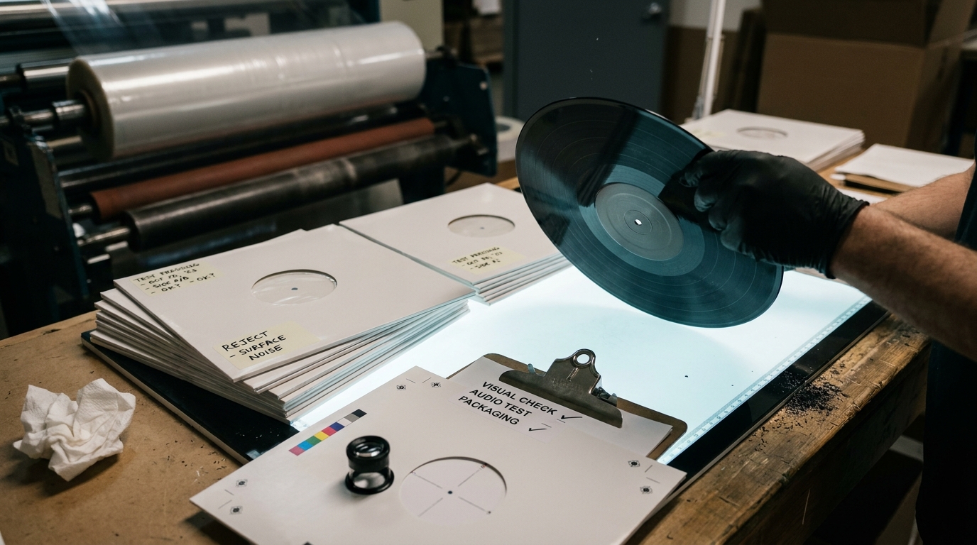A pressing plant quality-control bench: a gloved hand holding a fresh black LP over a glowing light table, stacks of white-sleeved test pressings with handwritten sticker notes including a reject flag, a clipboard checklist, a loupe on a jacket proof and vinyl shavings on the bench.