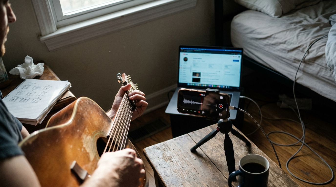 Indie musician reviewing YouTube Studio analytics dashboard showing Shorts RPM, Creator Pool revenue split, and 1 million view payout calculation on a laptop screen with notebook math nearby.