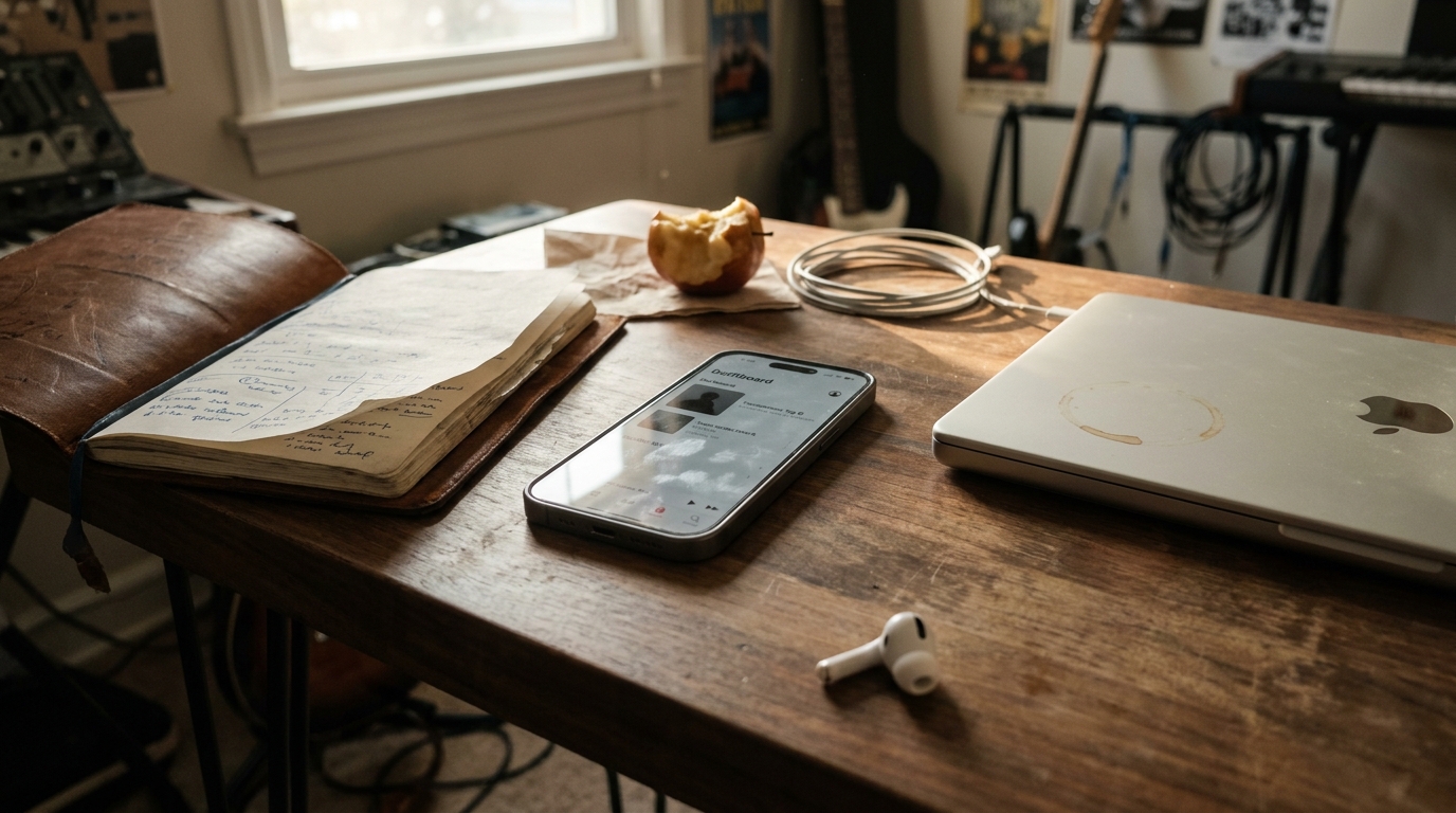 An indie artist's iPhone resting on a walnut desk in soft late-afternoon window light, screen showing the Apple Music for Artists track dashboard with a small 'Transparency Tag' AI-disclosure badge visible beside a track title; a closed MacBook with a coffee ring stain sits to the right; a worn leather notebook with handwritten release notes is open to the left; one earbud trails off the desk edge.