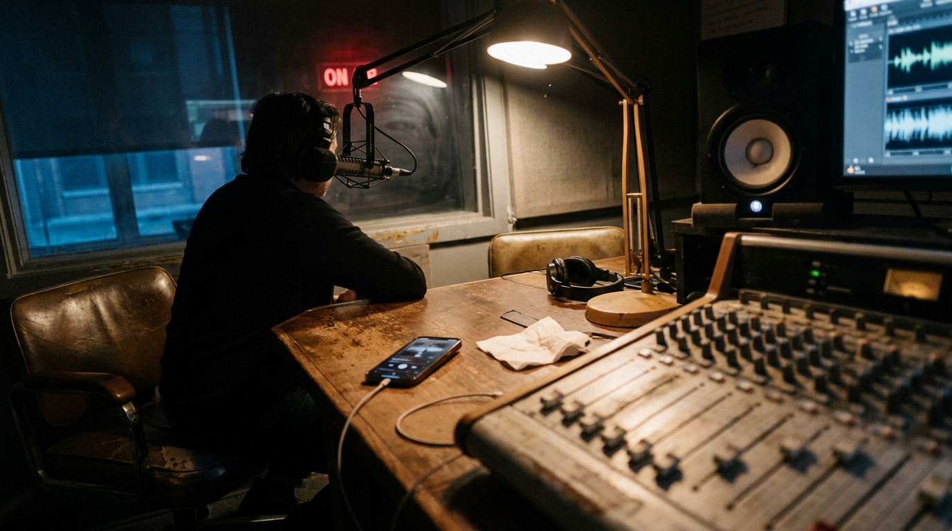 A radio broadcast studio at night with a professional microphone in the foreground, mixing console faders mid-set and a city skyline through the studio window, lit in warm amber and cool blue.