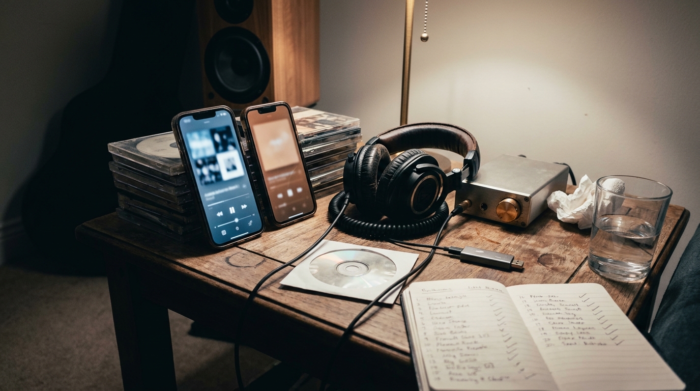 A listening corner at night: two phones propped against a stack of CD cases each showing a different music player, over-ear headphones plugged into a small headphone amplifier, a burned CD in a paper sleeve, and a notebook with a handwritten two-column comparison list.