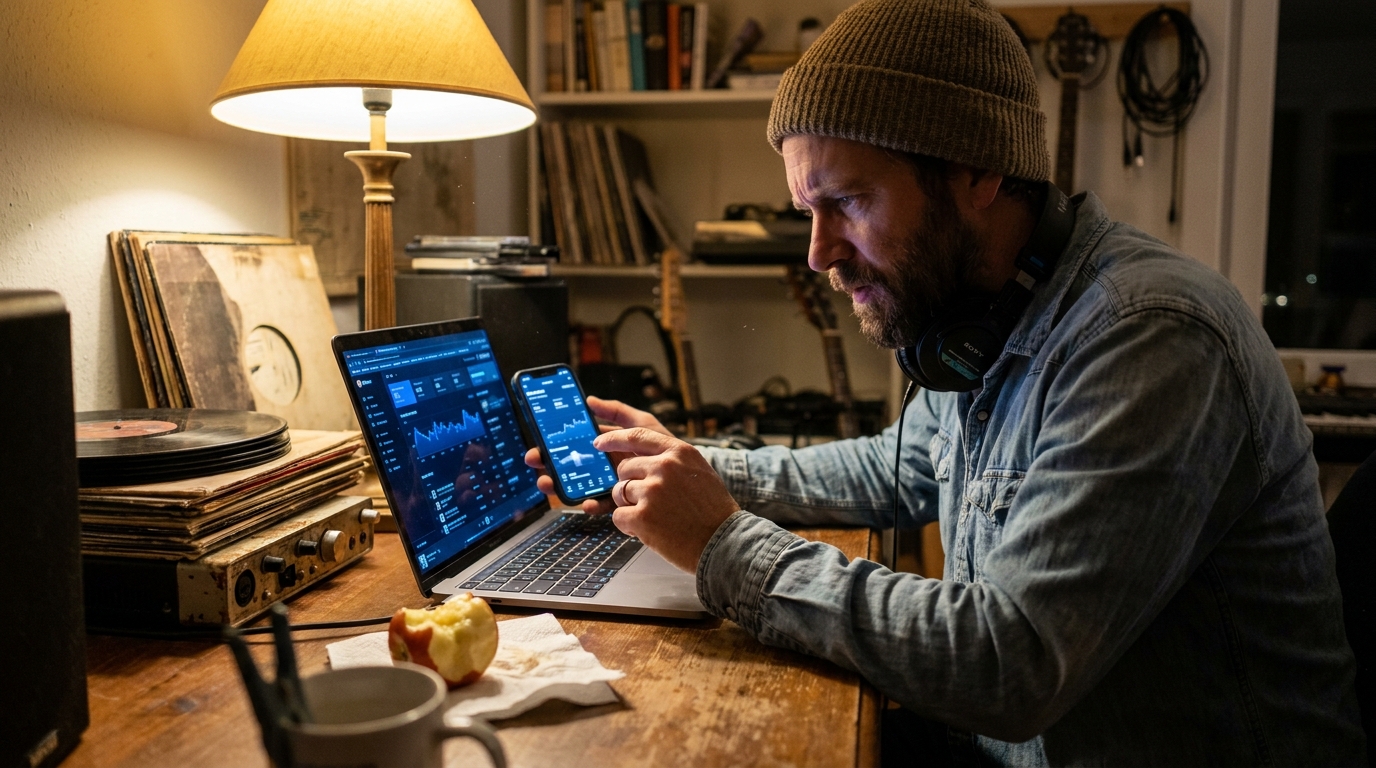 An independent musician in a home studio at night comparing streaming royalty dashboards side by side on a laptop and phone, headphones around his neck, vinyl records and an audio interface on the desk under warm lamp light.