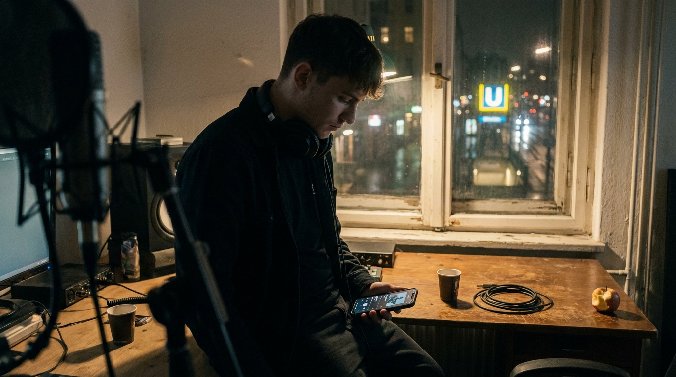 A young rapper in a Berlin home studio at night checking a streaming app on his phone, headphones around his neck, a U-Bahn station sign and rainy street glowing through the window behind him.