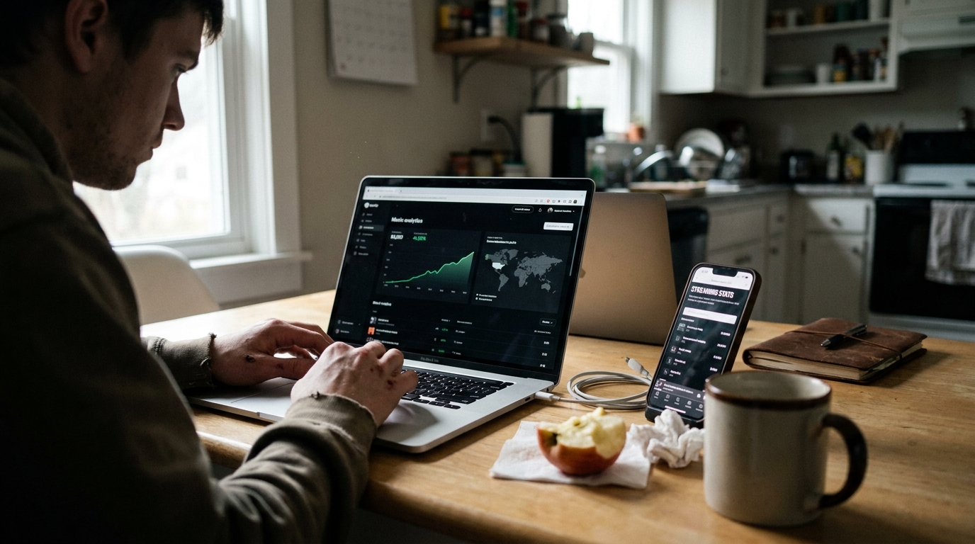 An artist's home workspace with a laptop showing a campaign dashboard as a soft-focus silhouette, a phone with a music app, headphones and a wall calendar with circled launch dates.
