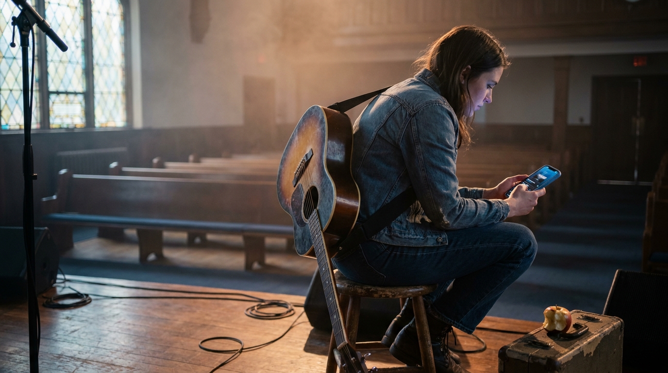 A worship musician with an acoustic guitar recording a song on a phone in a church sanctuary, warm stage lights and wooden pews softly blurred in the background.