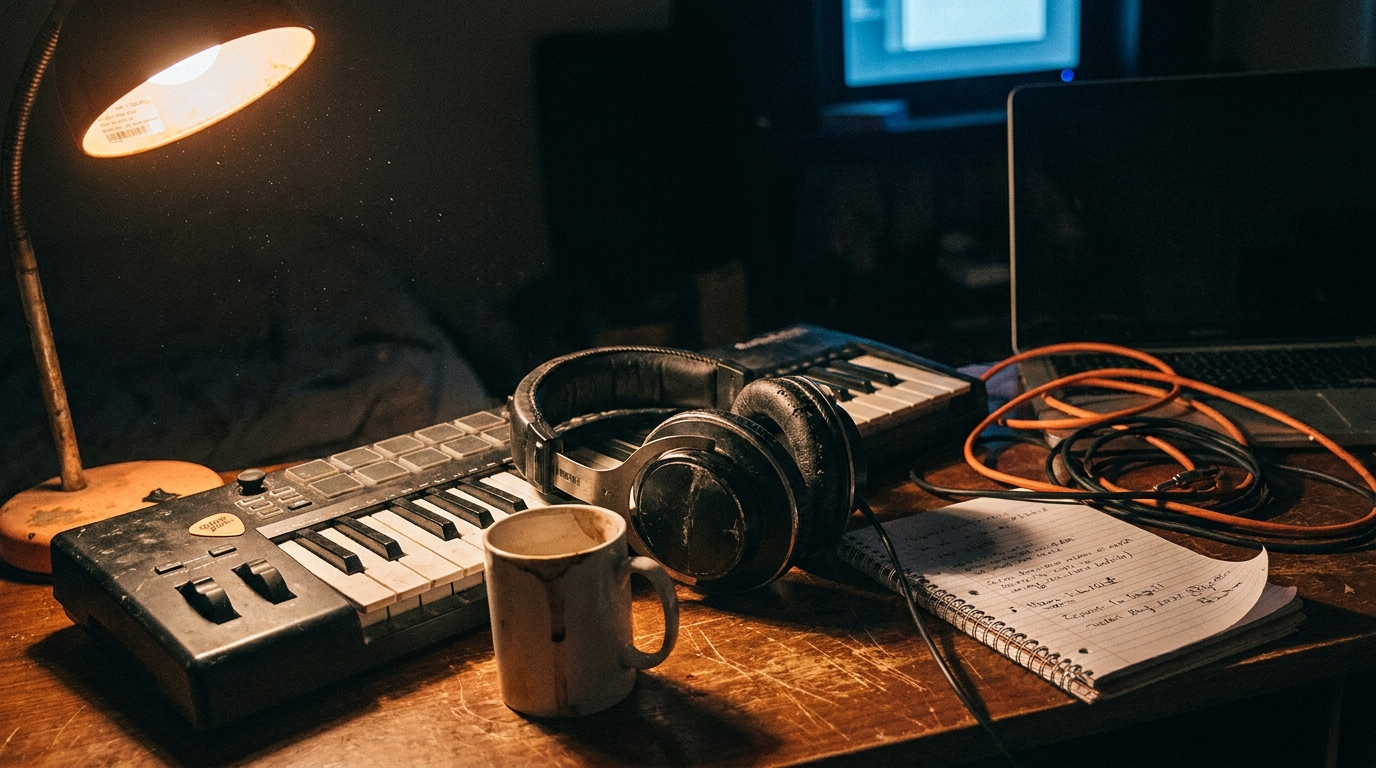A bedroom producer's cluttered desk at night — worn headphones on a MIDI keyboard, a stained coffee mug, a notebook of handwritten beat ideas, and tangled orange audio cables lit by a single warm desk lamp.