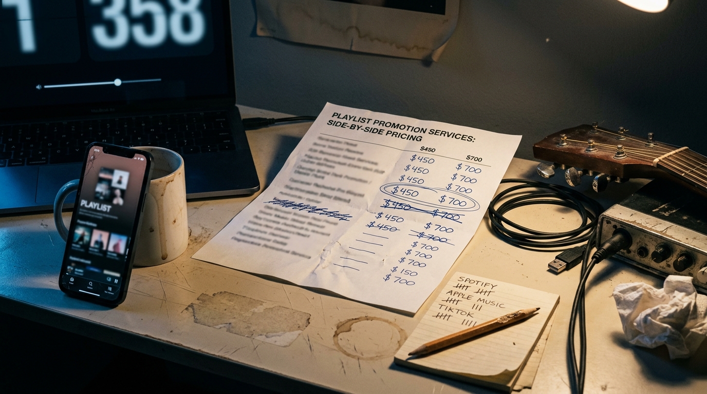A musician's cluttered desk at night: a printed playlist promotion pricing sheet with handwritten dollar figures, one row circled and another crossed out in blue ballpoint, a phone propped against a coffee-stained mug showing a blurred playlist grid, a notepad with tally marks beside service names, a chewed pencil, an audio interface with worn knobs, and a guitar headstock at the frame edge under a single warm desk lamp.