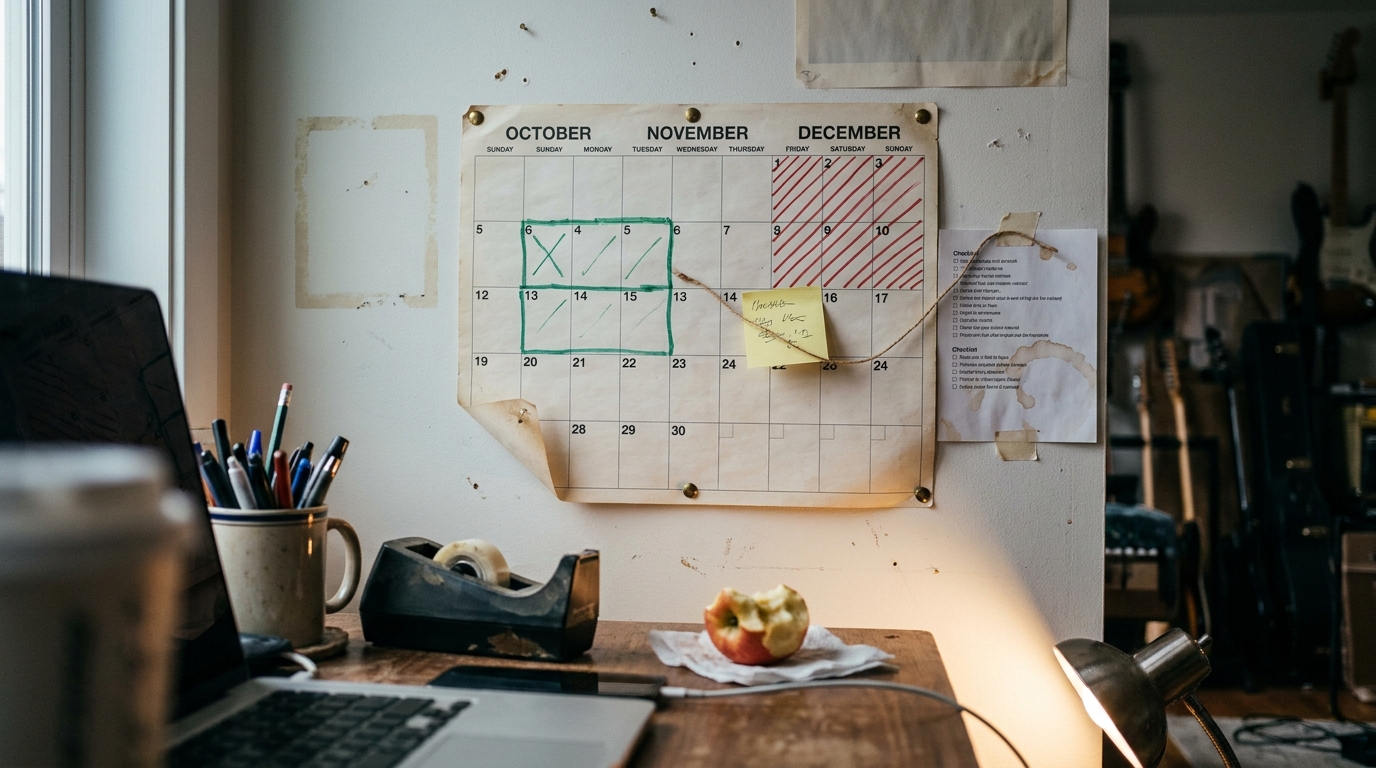 A quarterly wall calendar for October through December pinned above a musician's desk, early-October weeks boxed in green marker, December hatched out in red, a sticky note on late November, and a checklist taped beside it.