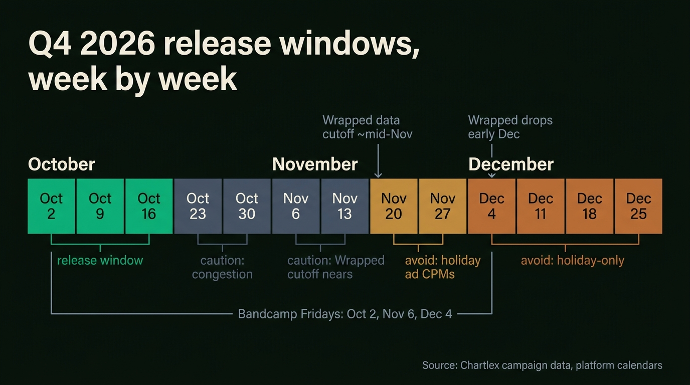 Strip of thirteen Q4 2026 release weeks with verdicts: October 2 through 16 green release window, October 23 through November 13 caution for congestion and the Wrapped cutoff, November 20 onward orange avoid zones for holiday ad CPMs, with Bandcamp Fridays marked October 2, November 6 and December 4
