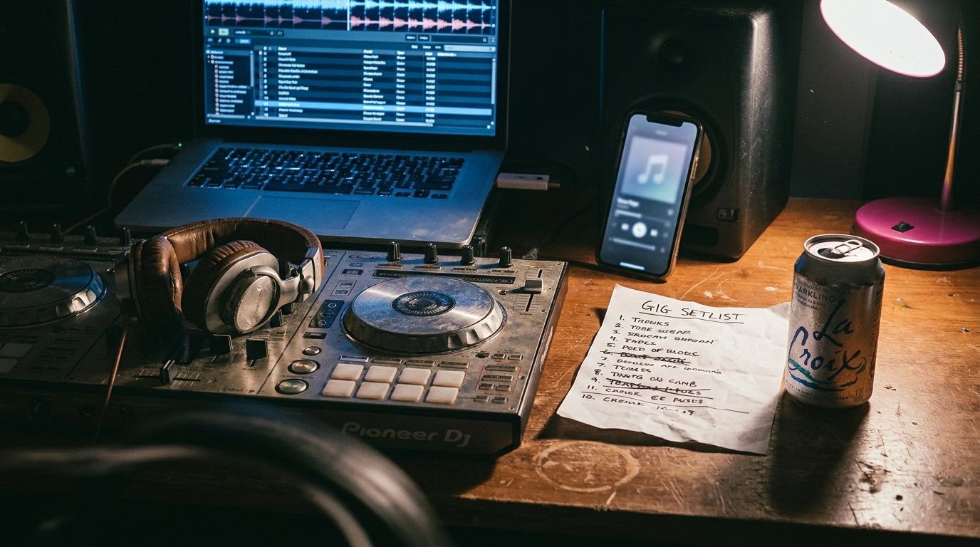 A DJ desk at night: a Pioneer controller with headphones resting on it, a laptop showing a DJ library with waveforms, a phone propped against a studio monitor playing a music app, a handwritten gig setlist with two tracks crossed out and a sparkling water can.