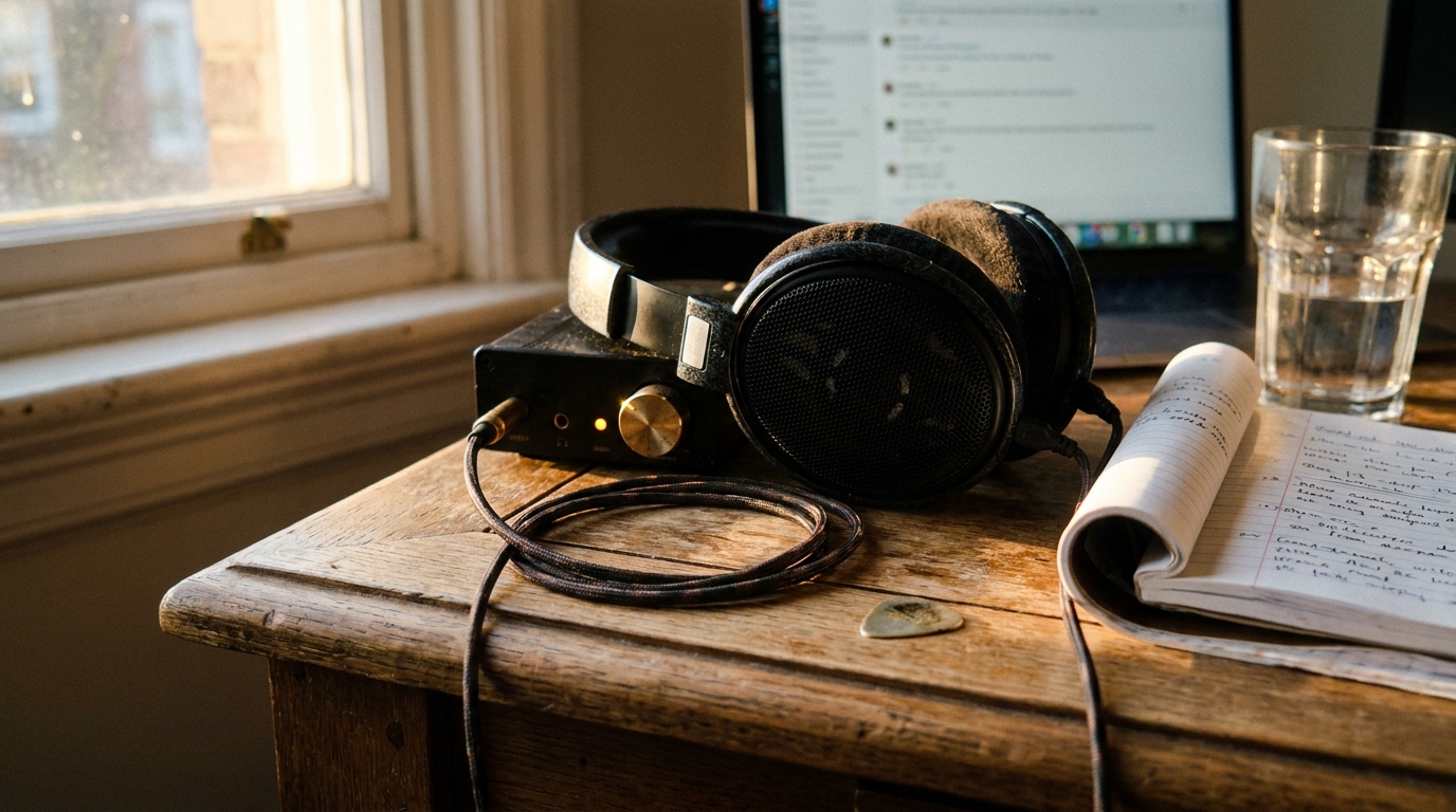 Open-back wired studio headphones on a weathered oak desk, coiled cable running to a brass-knobbed headphone amp and a USB DAC with an amber LED, handwritten notes and a glass of water in warm window light.