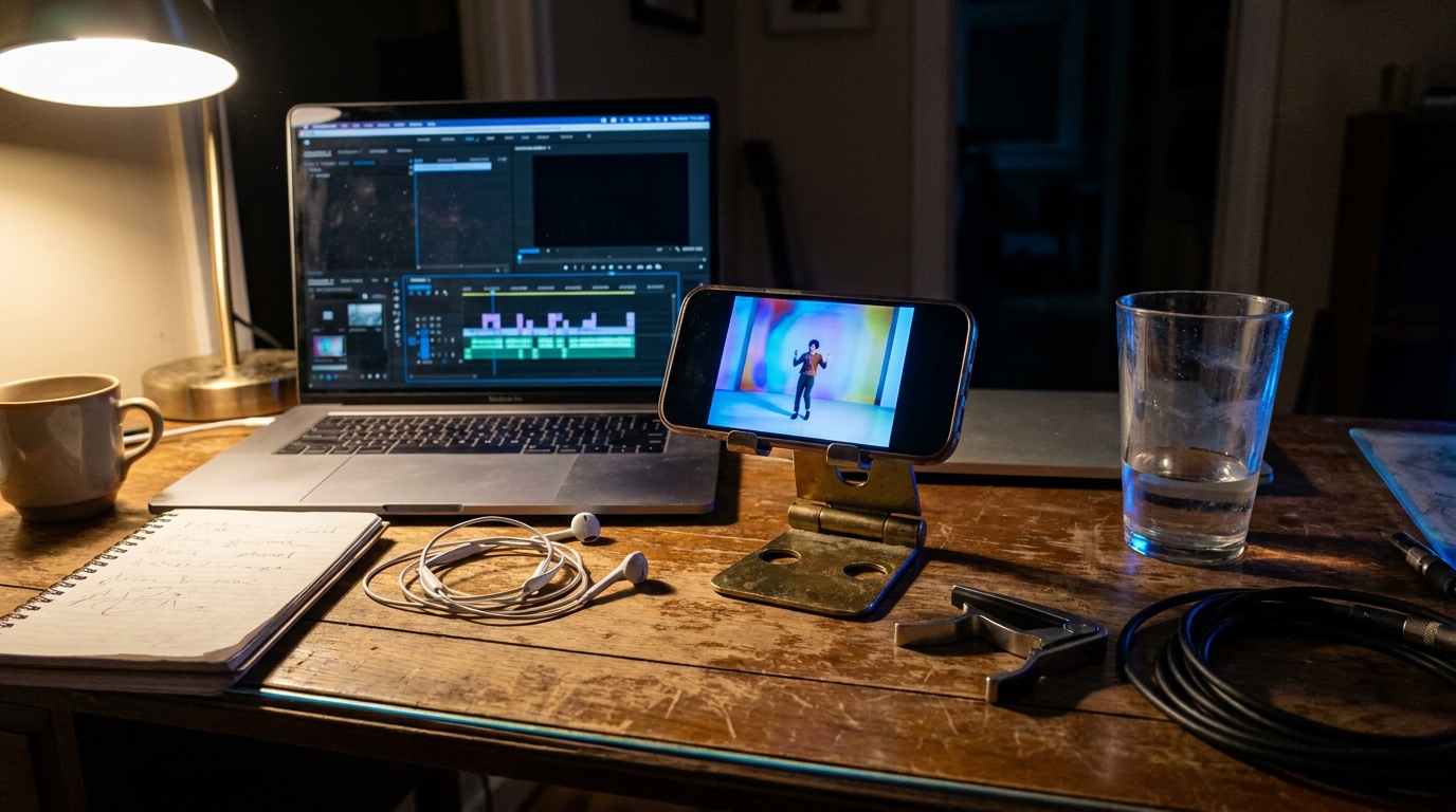 An indie musician's night desk: a phone on a brass stand plays a full-screen music video next to a laptop showing a dark editing timeline, earbuds, a worn notebook, a guitar capo and a coiled audio cable on weathered wood.