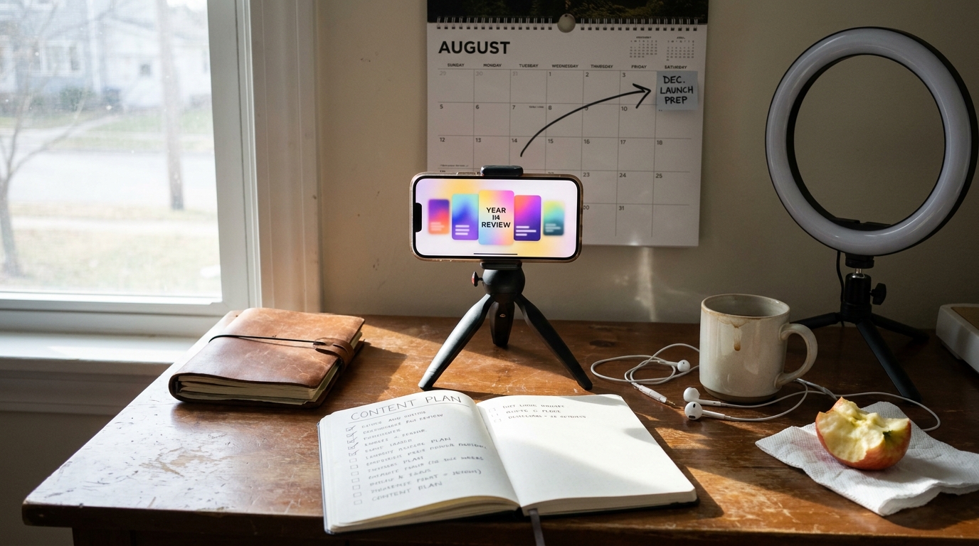 A phone on a small desk tripod showing a colorful year-in-review card mockup, ring light switched off beside it, an August wall calendar with an arrow drawn toward December and a launch-prep sticky note, and a content plan notebook with items half checked.