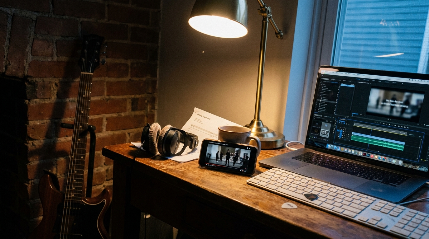 An independent musician's dusk home studio: a laptop with a video editing timeline, a phone playing a music video against a coffee mug, headphones, a curling royalty statement, and a brass lamp on a weathered wood desk.