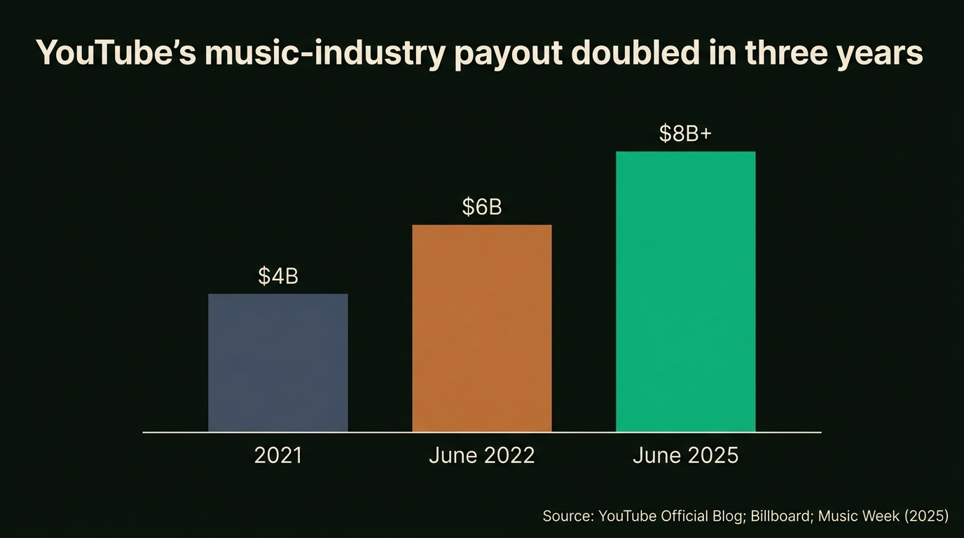 Vertical bar chart titled "YouTube's music-industry payout doubled in three years" showing payouts to the music industry: $4B in 2021, $6B in June 2022, and $8B+ in June 2025.