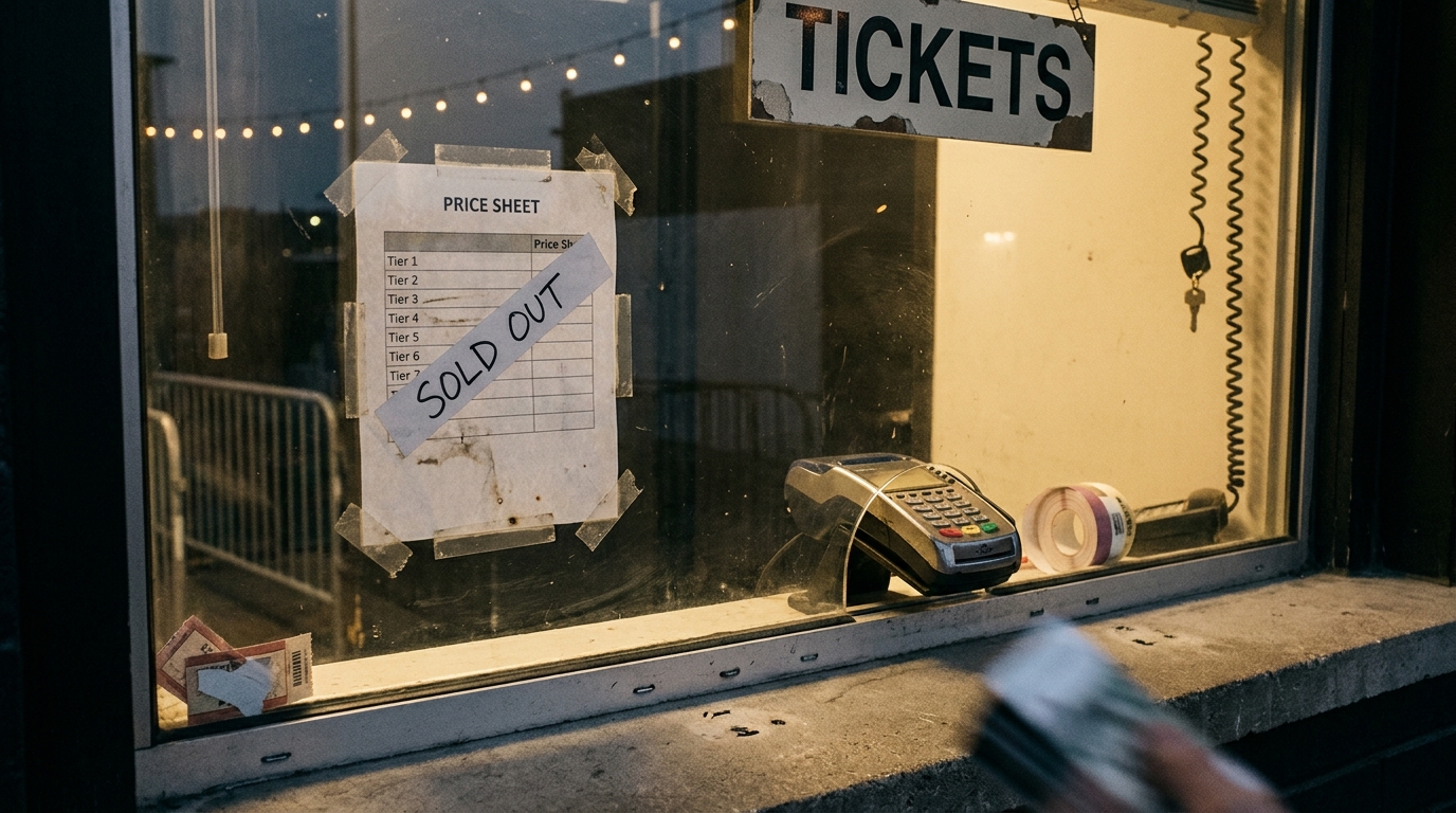 A venue box office window at dusk: a taped-up price sheet with a handwritten sold-out strip across its tiers, a card reader angled toward the glass, a roll of wristbands, string-light reflections in the glass, and a hand with folded bills entering the frame.