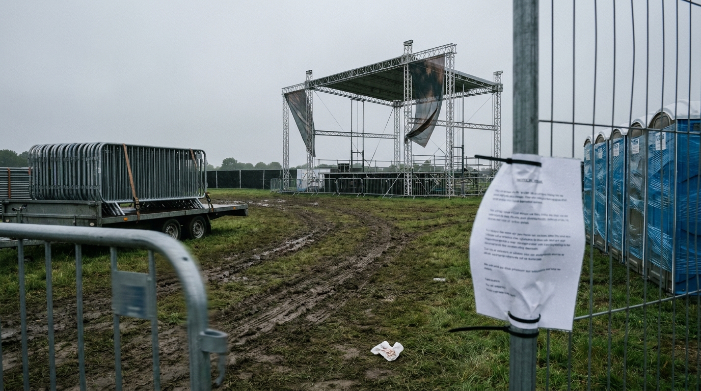 An empty festival field under gray sky: a half-built main stage with loose banner corners, stacked crowd barriers on a flatbed trailer, a row of shrink-wrapped portable toilets, a printed notice zip-tied to the fence and muddy tire tracks across trampled grass.