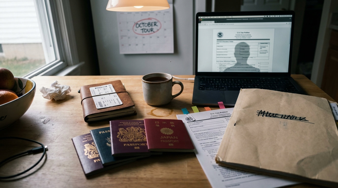 A kitchen table covered in visa paperwork: four passports from different countries fanned in a stack, a printed petition with sticky flags, a hand-labeled folder, a laptop showing a government form, and an October tour month circled on the wall calendar behind.